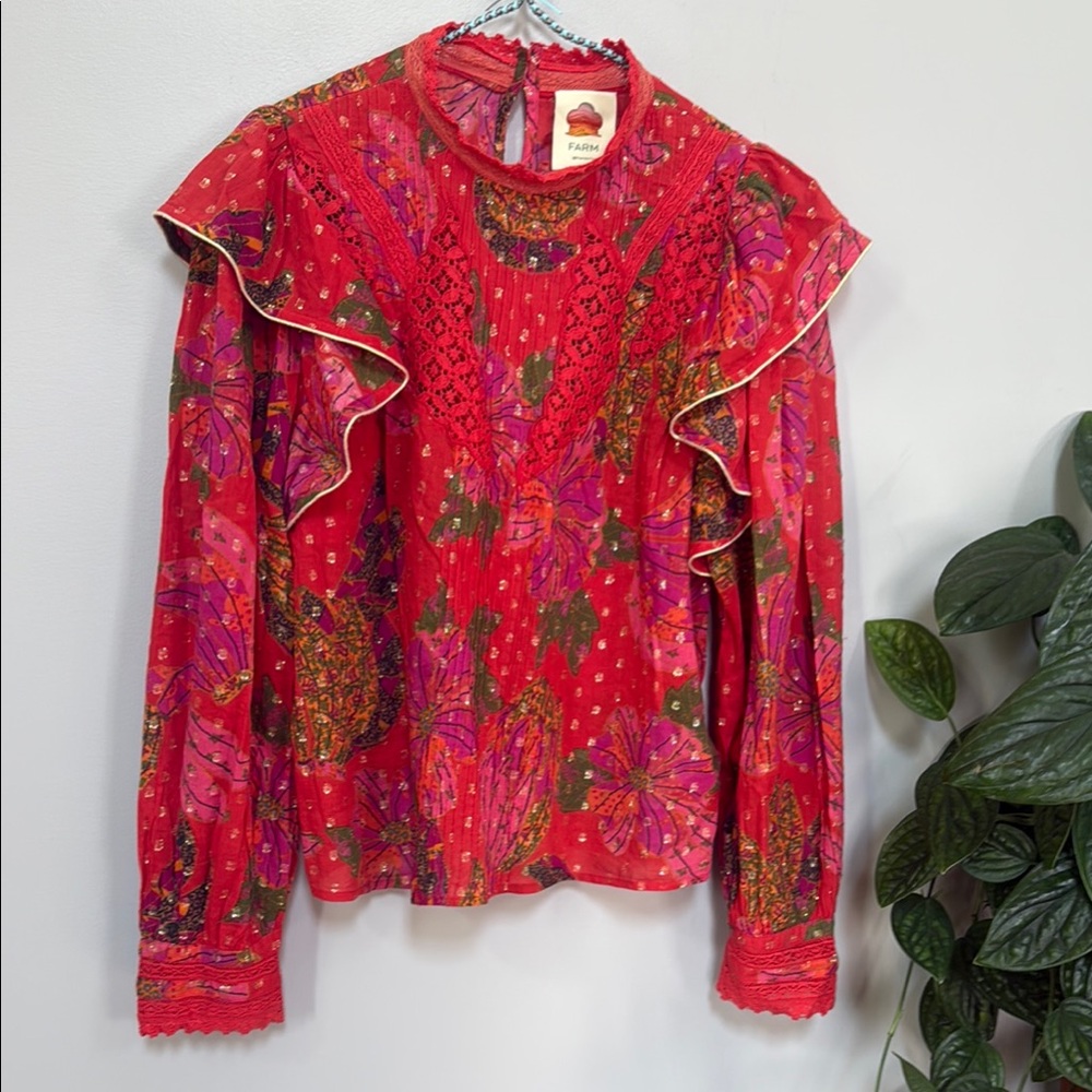 FARM Rio Red Pink Ruffled Cuffed Sleeve Blouse